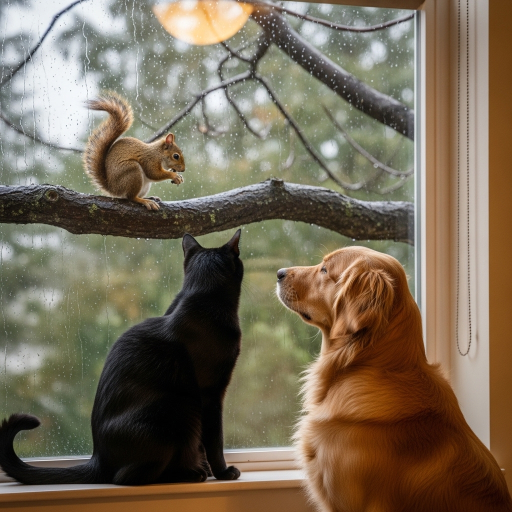 Luna and Max watching a squirrel