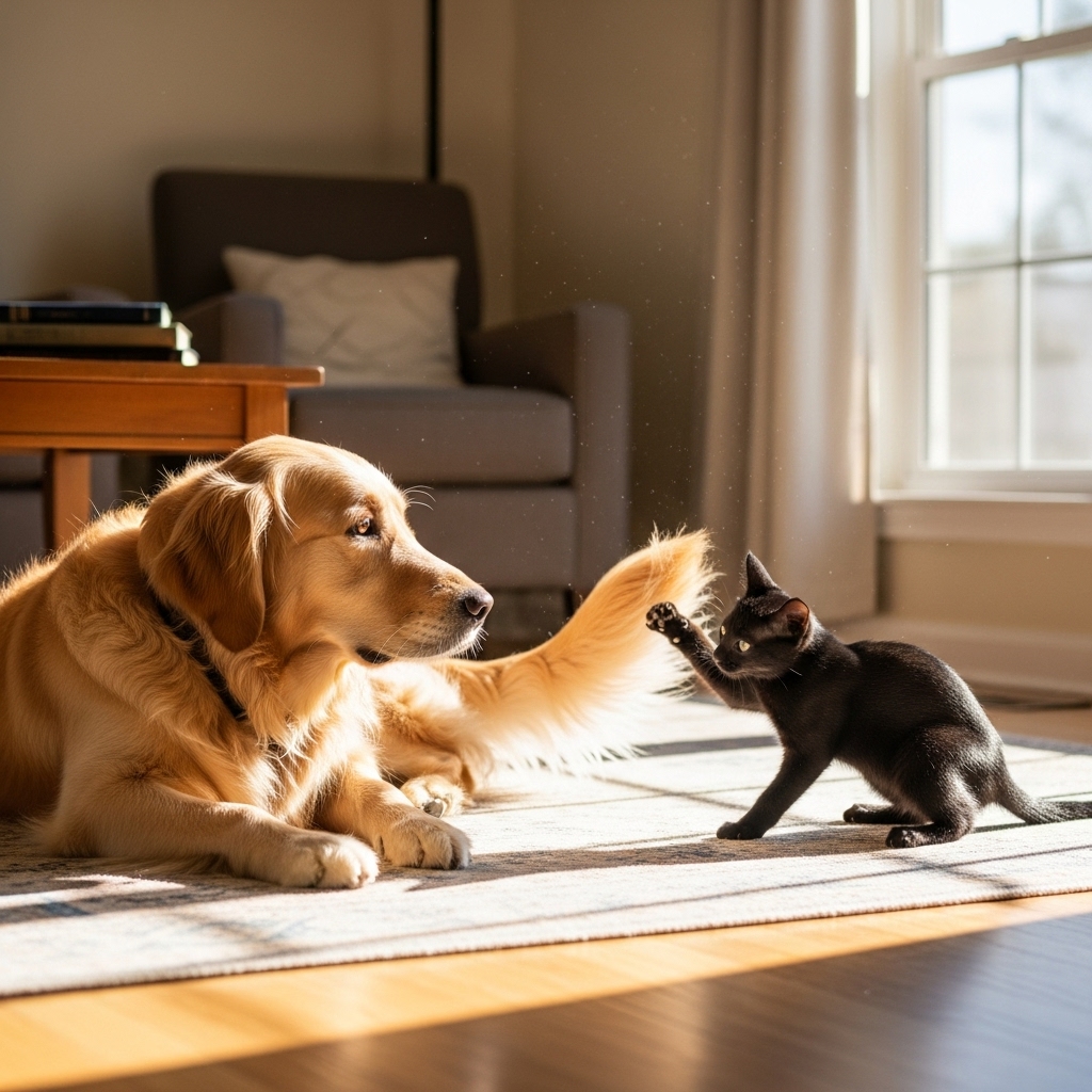Luna playing with Max's tail