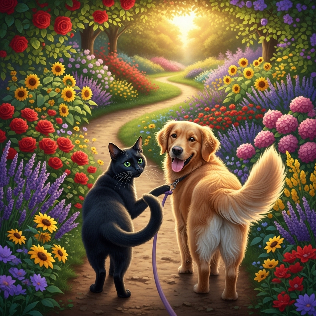 Luna leading Max through a garden