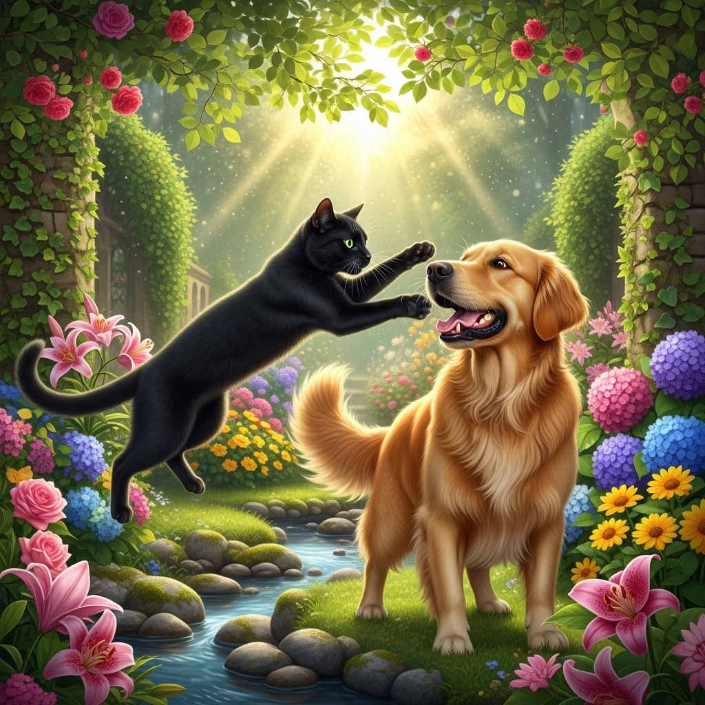 Luna the cat and Max the dog playing in a garden