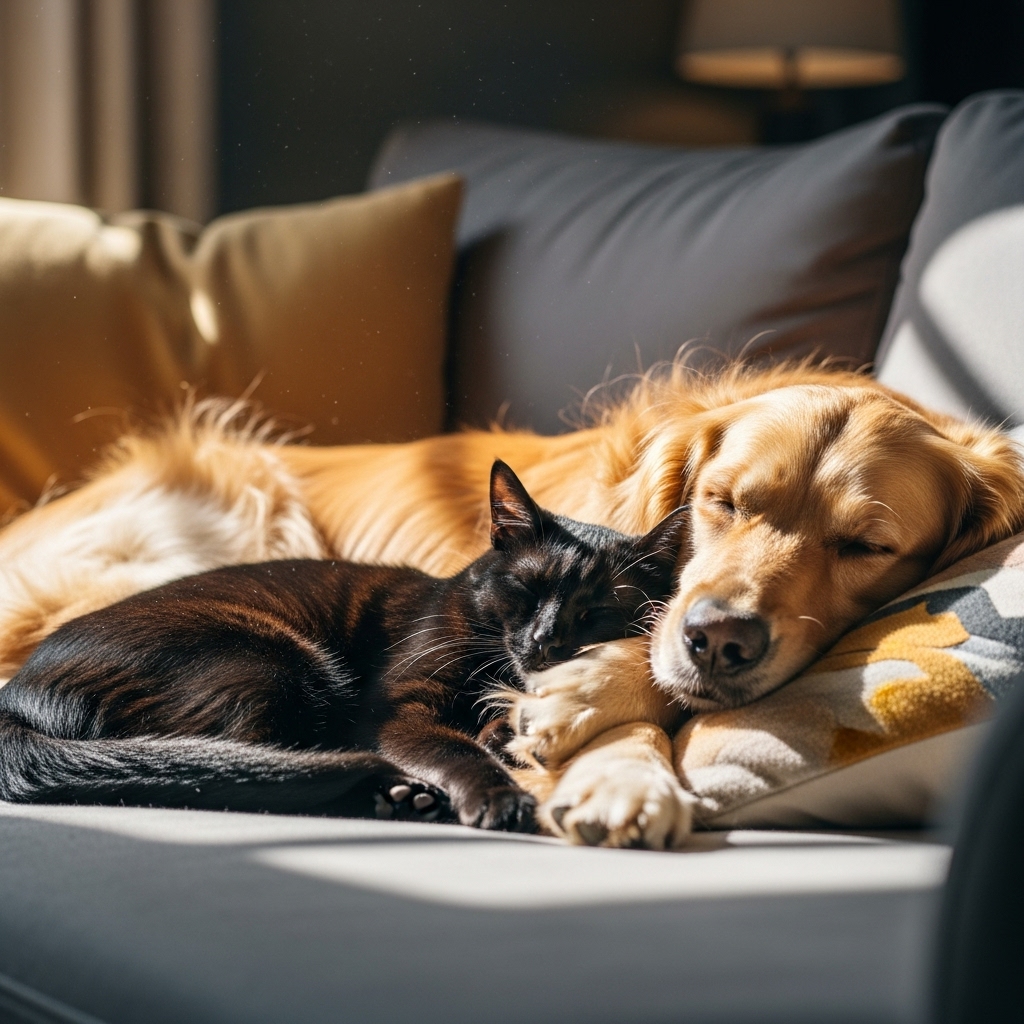 Luna and Max cuddling on a sofa